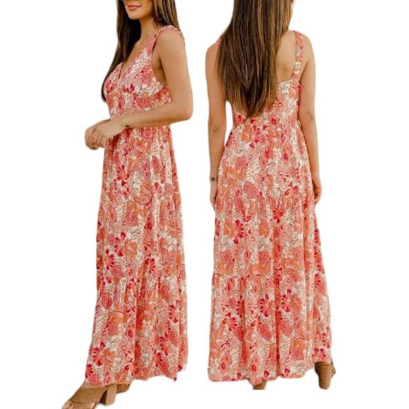 Pink Lily Dresses & Skirts - Bohemian Plundge Neck Empire Waist Sleeveless Vibrant Floral Maxi Summer Dress